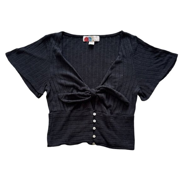 Free People Beach Black Rib Knit Button Up Tie Front Crop Top Women's Size M - Picture 1 of 8
